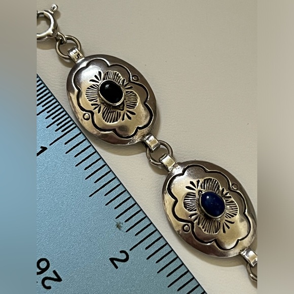 Vintage Sterling Silver Turquoise Coral Onyx Bracelet - Picture 3 of 8